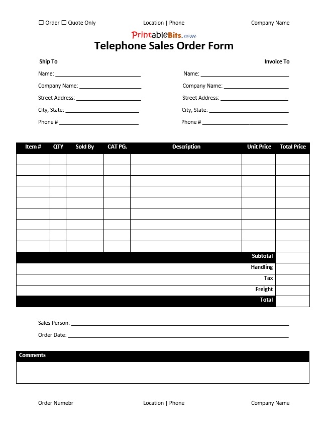 Printable Telephone Sales Order Form